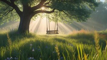 Tree Swing Hanging in Sunlit Meadow Creating a Peaceful Scene photo