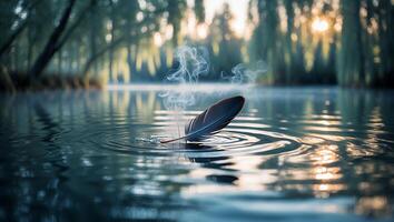 Feather Floating on Calm Lake Water Creates Gentle Ripples photo