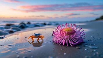 Crab and Pink Flower on Beach at Sunset Seascape View photo