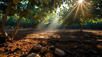 Sunlight Streaming Through Trees Creating Magical Atmosphere in a Grove photo
