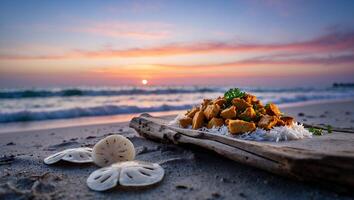 Chicken with Rice Served at Beach During Sunset photo