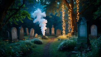 Eerie Cemetery Scene with Smoke and Fairy Lights at Night photo