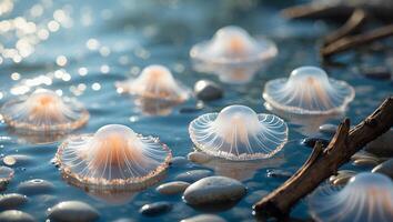 Floating Organisms on Water Surface with Soft Light and Reflections photo