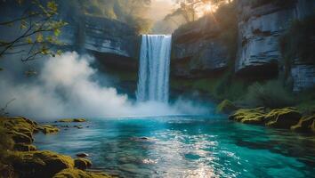 Waterfall Cascading Into Crystal Clear Water with Misty Mountain Backdrop photo