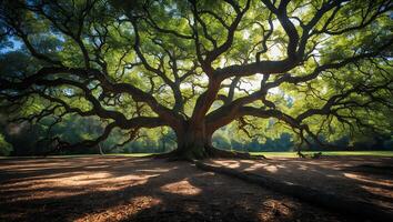 Majestic Old Tree with Sprawling Branches and Green Canopy photo