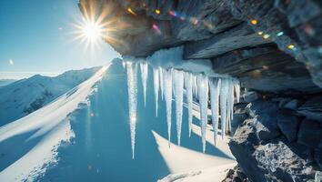 Icicles Hanging From Rocky Overhang in Snowy Mountain Winter Landscape photo