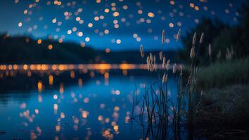 Still Lake Reflecting Golden Lights Under Dark Blue Evening Sky photo