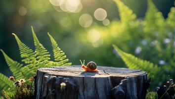 Snail Resting on Tree Stump in a Lush Green Forest photo