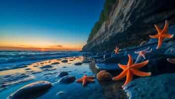 Starfish at Rocky Coastline at Sunset with Colorful Sky Reflection photo