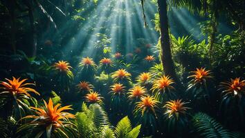 Lush Forest with Orange Flowers and Sun Rays Streaming Through Canopy photo