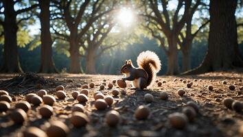 Squirrel Holding Acorn in Sunlit Forest Filled with Fallen Nuts photo