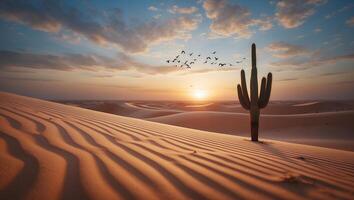 Cactus Standing Tall in Desert Sand Dunes at Sunset with Birds photo