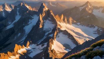 Majestic Mountain Peaks Covered in Snow Bathed in Golden Light photo
