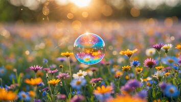 Floating Soap Bubble Reflecting Floral Meadow Landscape at Sunset photo