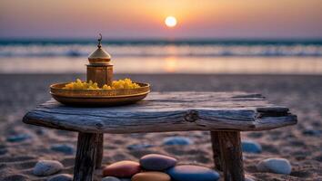 Lantern and Raisins on Beach Table During Sunset with Ocean View photo