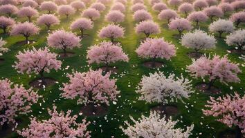 Blooming Orchard with Pink and White Blossoms on a Sunny Day photo