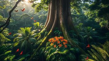 Lush Tropical Forest Scene with Large Tree and Flying Birds photo