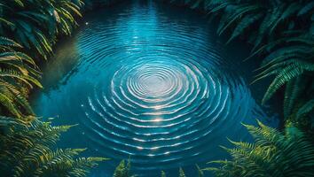 Ripples in Blue Water Surrounded by Lush Green Ferns Forming Circles photo