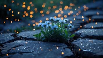 Blue Flowers Growing on Stone Path with Soft Bokeh Lights photo
