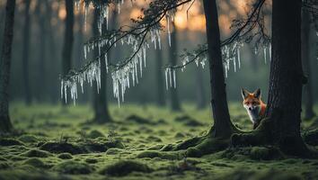 Fox Peeking From Behind Tree in Mossy Forest with Icicles photo
