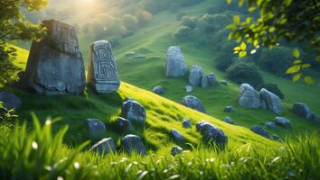 Standing Stone Monuments Dotting Green Hillside with Sunlit Grasses photo