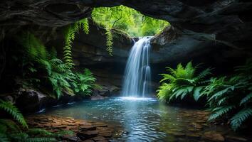 Waterfall Flowing Into Natural Pool Cave Surrounded by Lush Ferns photo