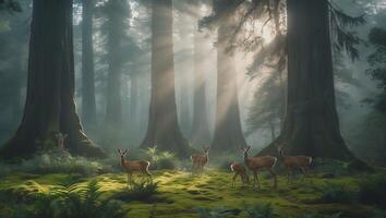 Deer Family in Forest Glade with Sunlight Shining Through Trees photo