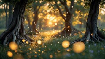 Walking Through Forest Trees with Golden Light and Magical Particles photo