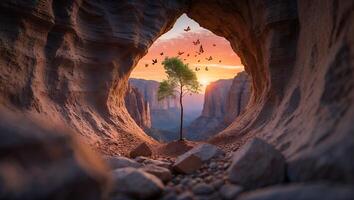 Tree Silhouette Through Cave Opening at Sunset with Butterflies Flying photo