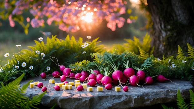Radishes and Cheese Cubes on Stone Slab in Natural Setting photo