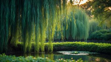 Willow Tree Overhanging Pond Water with Lily Pad at Sunset photo