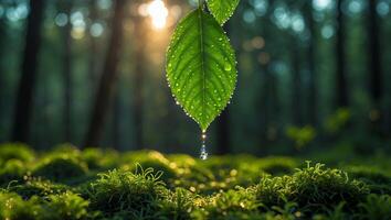 Leaf with Water Droplets in a Forest Sunlight and Moss Ground photo
