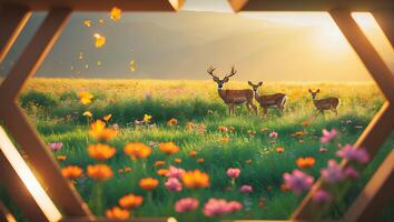 Deer Family Standing in Field of Flowers at Sunset Framed View photo