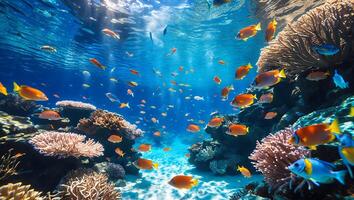 Swimming Fish and Coral Reef Underwater Scene in Blue Ocean photo