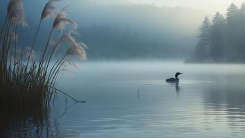 Duck Swims on a Foggy Lake with Grass and Forest photo