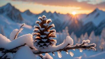 Pine Cone on Snowy Branch with Mountain Sunset in Winter photo