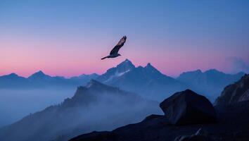 Bird Soaring Above Misty Mountain Range at Dawn with Pink Sky photo