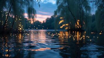 Tranquil Lake Reflecting Lights and Trees at Dusk for Background photo