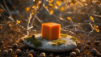 A small orange candle sits on a rock in the woods photo