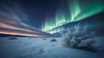 Aurora Borealis Display Over Snowy Landscape with Cloud Reflections photo