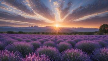 Lavender Field Blooming at Sunset with Mountain Backdrop and Dramatic Sky photo