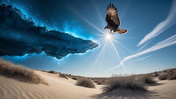 Hawk Flying Over Desert Landscape with Sunburst and Surreal Rock Formation photo