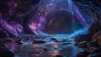 River Flowing Through a Glowing Cave with Colorful Lights photo