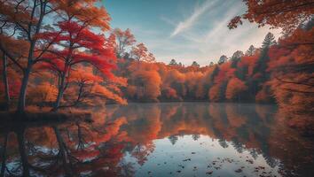 Reflecting Autumn Trees Over Calm Lake Water on a Sunny Day photo