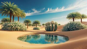 Desert Oasis with Palm Trees Reflecting on Water on Sunny Day photo