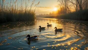Ducks Swimming Calmly on River at Golden Hour Sunset Reflection photo