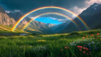 Rainbow Over Mountain Valley with Wildflowers and Rain Showers photo