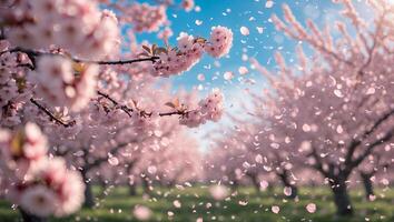 Blooming Cherry Blossoms in Orchard with Petals Falling Under Blue Sky photo