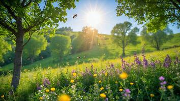 Blooming Meadow with Flying Insects and Green Trees at Sunrise photo