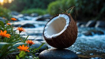 Coconut Half Sitting on Rock Near Stream with Orange Flowers photo